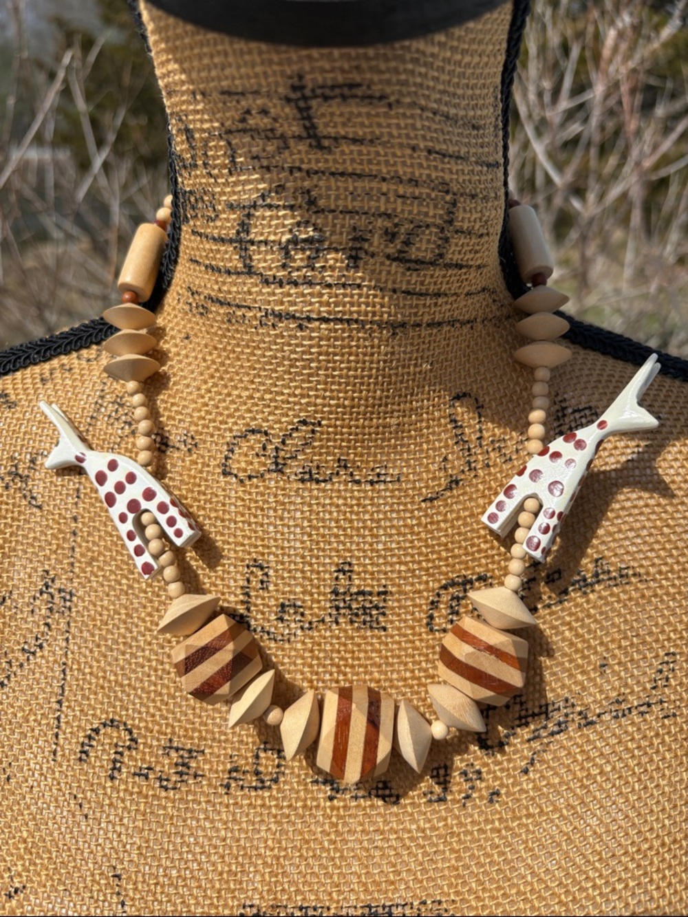 Giraffe Handcrafted Wooden Statement Necklace Beige & Brown